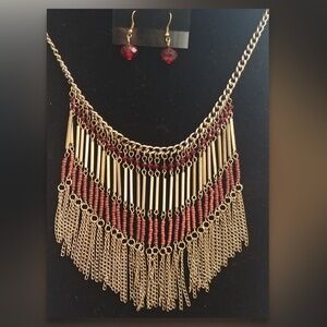 Gold tone Fringe Bib Necklace Earrings Set